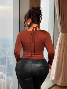 NU&NOW Plus Size Women's Elastic Tight-Fitting Hollow Out Drawstring Casual T-Shirt, Spring/Summer - Brown - View 5