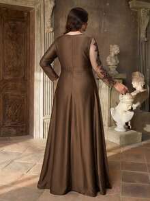 Aureia 大码优雅浪漫军绿色圆领不对称袖奢华串珠缎面荷叶边A字型长款晚礼服（重工装饰设计） - 棕色 - 查看 2