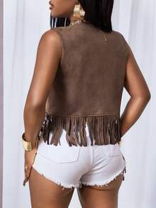 BamGleam Women's Vest Waistcoat, Retro Embroidered Tassel Design, Regular Fit Jacket For Travel & Vacation - Coffee Brown - View 2