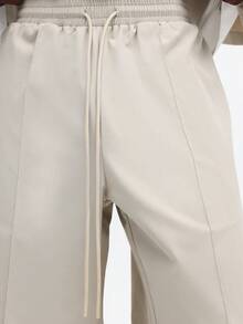 SUMWON 米色纽扣衬衫和阔腿裤套装，翻领长袖休闲两件套 - 卡其色 - 查看 6