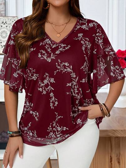 EMERY ROSE Plus Size Women V Neck Short Sleeve Floral Print Ruffle Sleeve Loose Fit Tunic Top Blouse,Summer Holiday,Vacation,Simple And Fashionable For Everyday Wear,Vacay Vibes,Springbreak,Casual Wear,Bohemia