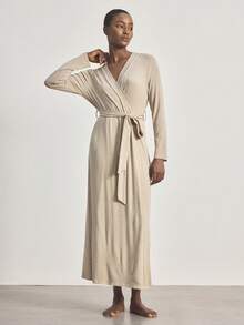 Ocili Women's Lyocell Fabric Warm Fleece Soft Comfortable Natural Minimalist Relaxed Mid-Sleeve Robe Sleepwear, Chic Autumn Slumber - Multicolor - View 4