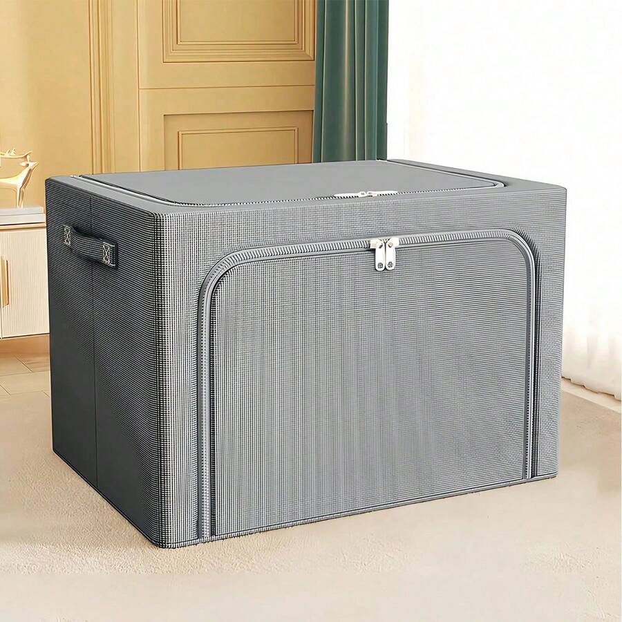 1pc Foldable Storage Box With Steel Frame, Large Capacity Waterproof & Dustproof Organizer For Clothes, Quilts & Bedding, Wardrobe & Closet Accessories, Space-Saving Home & Dormitory Storage Solution - Dark Grey - View 1