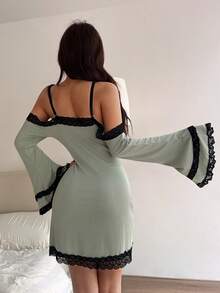Napfluff Áo ngủ nữ gợi cảm cổ chữ V tay dài trễ vai phối ren. - Màu xanh Bạc hà - Xem 2
