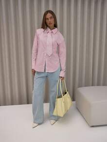 MUSERA Neck Tie Detail Button Down Cinch Tie Waist Stripe Shirt Classy Sexy Streetwear Fall Autumn Night Out Holidays Spring Summer - Pink - View 3