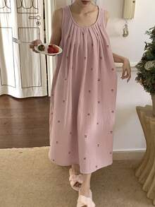 DAZY Cherry Print All-Over Textured Chiffon Fabric Sleeveless Loose Women Nightgown - Pink - View 7