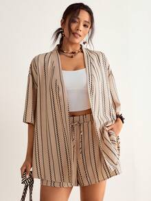 SHEIN VCAY Women's Plus Size Summer Beige Striped 2 Pieces Set,Boho Beach Holiday Cardigan Jacket&Drawstring Shorts,Loose Vacation Style Casual Outfits Suit - Khaki - View 3