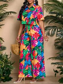 SHEIN PETITE CURVE Women's Tropical Print Loose A-Line Wide Leg Pants For Vacation - Multicolor - View 2
