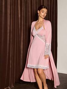 Slumberist Lace Trim Camisole Nightgown And Robe Set For Women - Dusty Pink - View 3