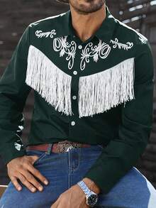 Manfinity Nomadique 男士西部风格流苏装饰长袖衬衫 男士流苏衬衫 牛仔衬衫 男士竞技衬衫 - 綠色 - 查看 4