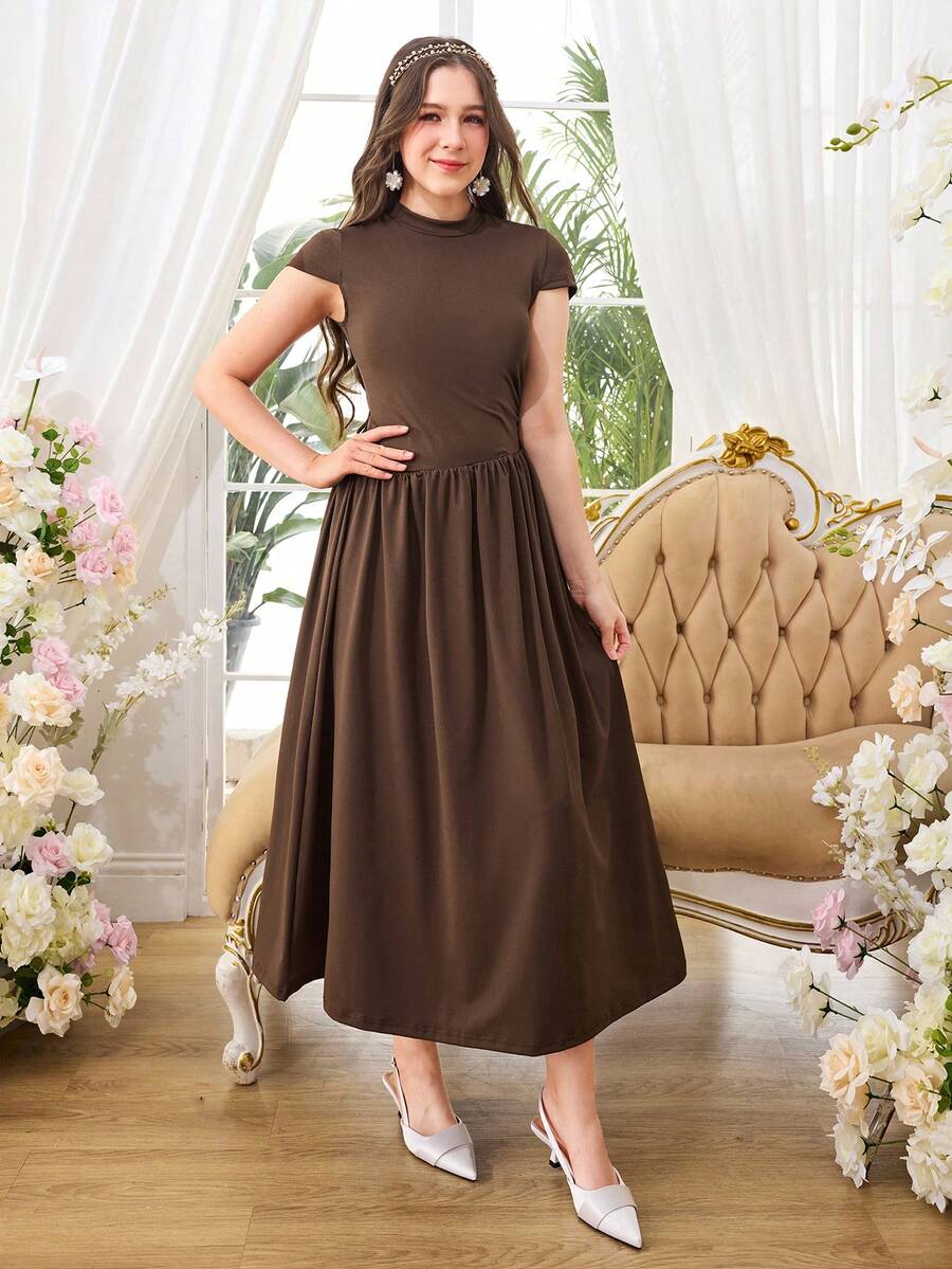 Teen GirlKnitted Round Neck Ruched Sleeve Asymmetric Waist Elastic Ruched Hem Casual Dress, Suitable For Outings, Home, And Gatherings, Summer - Brown - View 1