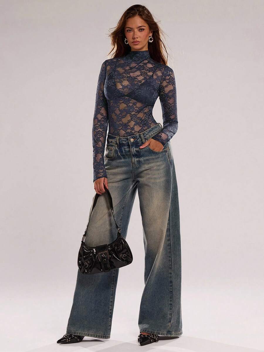 SHEIN BAE Women's Sexy Sheer Floral Lace Stand Collar Long Sleeve Bodysuit - Navy Blue - View 1