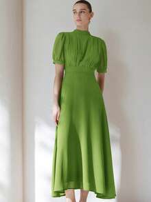 Aveloria Modichic 优雅女士雪纺连衣裙，胸部褶裥设计，公主袖，收腰，A字裙摆，简约百搭，适合通勤，及膝长度 - 綠色 - 查看 5