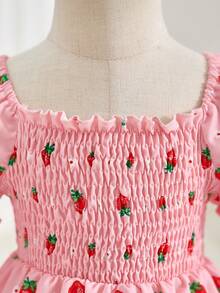 SHEIN Summer Floral Print Ruffled Collar Puff Sleeve Sweet Dress For Baby Girls - Pink - View 3