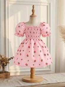 SHEIN Summer Floral Print Ruffled Collar Puff Sleeve Sweet Dress For Baby Girls - Pink - View 6