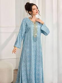 Al Najma 女士翻领流苏装饰花卉刺绣优雅长袖土耳其和阿拉伯传统长裙 - 藍色 - 查看 3