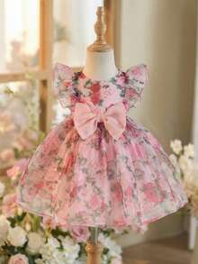 SHEIN 女婴优雅可爱粉色碎花薄纱短袖连衣裙