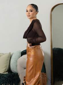 Melissa Matos Women's Scoop Neck Solid Color Fashionable Long Sleeve Top,Brown Top - Coffee Brown - View 4