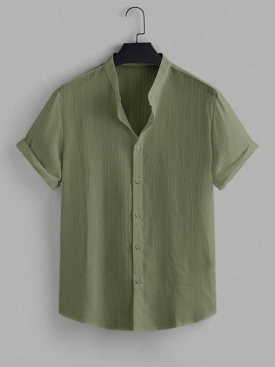 VIVINTIMO Áo sơ mi nam tay ngắn màu trơn tối giản phong cách thường ngày - xanh quân đội - Xem 1