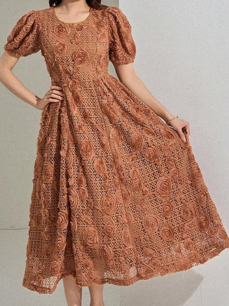 Women's Elegant Short Sleeve Mid-Length Dress With Applique Summer Sundress