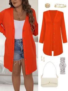 EMERY ROSE Plus Size Single Breasted Casual Daily Long Sleeve Jacket Fall Winter Cloth For Women Autumn - Orange - View 1
