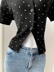 SHEIN EZwear 女士全印花前扣优雅黑色短袖开衫 - 彩色 - 查看 3