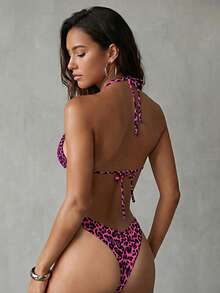 Swim Mod Beach Summer Outfits For Women:5pcs/Set Leopard Print & Black Spaghetti Strap High Cut Bikini Set Sets - Multicolor - View 1