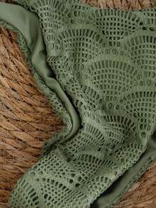 Swim Vcay 2026 Spring/Summer Green Grid + Polyester Adjustable Side High-Cut Bikini Set For Women, Sweet Vacation Bikini With Charm Boho Bikini Set Olive Green Swimsuit Green Vacation Outfit Olive Green Bikini - Army Green - View 4