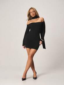 MISSGUIDED Off Shoulder Mini Dress With High Neck Detail Long Sleeve Bodycon Black Party Evening Fitted Winter - Black - View 4