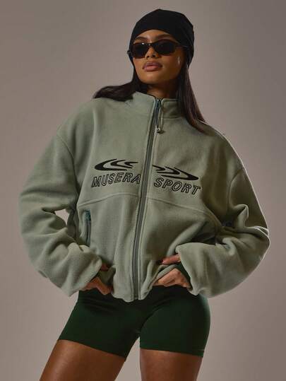 Musera Sport Sport Oversized Zip Through Embroidered Logo Fleece Active Gym Workout Casual Sonder Spring
