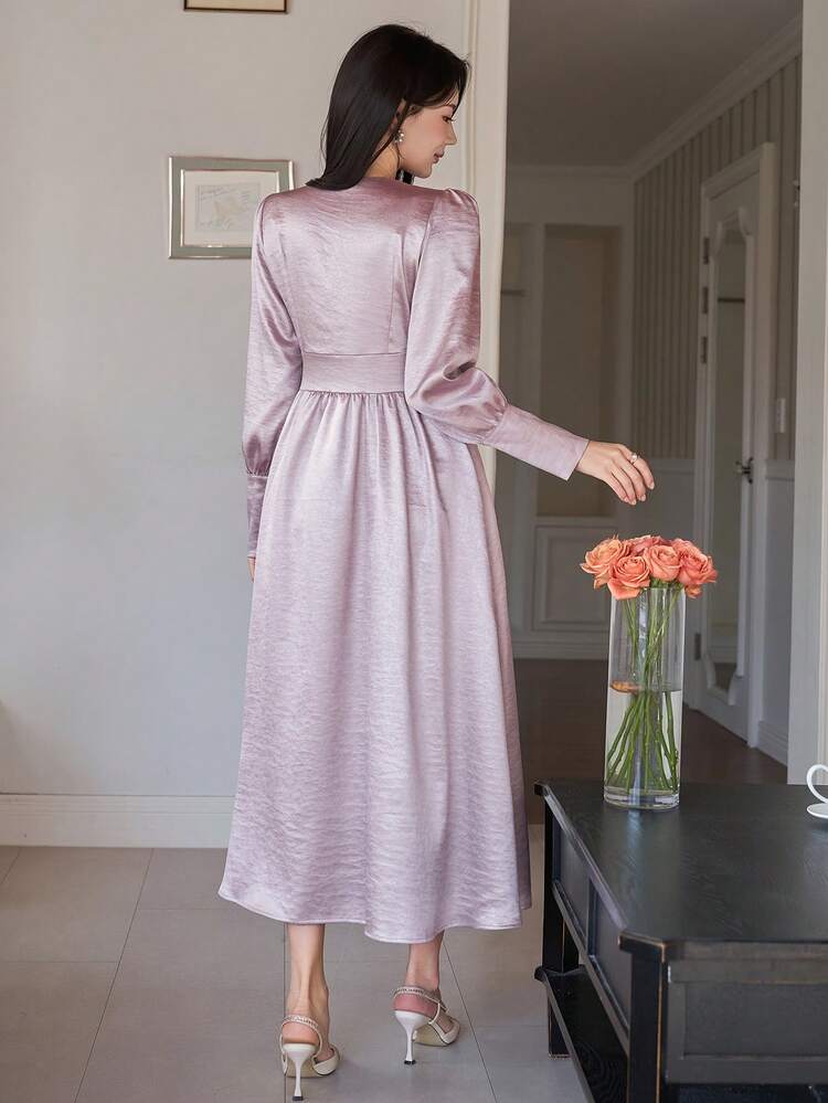 Women's Elegant Solid Color Pleated Puff Sleeve Long Dress, Spring/Summer Dress Sundress