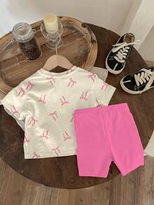 SHEIN 2 Stücke/Set Baby Mädchen Casual Süß Schleife & Katzen Muster, süßer Ballett Stil, cremeweiß rosa, Rundhals Kurzarm T-Shirt und Leggings Set, geeignet für Frühling/Sommer - Verschiedenfarbig - Übersicht 3
