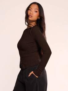 MUSERA 拉链圆领长袖上衣，休闲度假机场出行可爱返校冬季优雅款 - 巧克力棕 - 查看 6