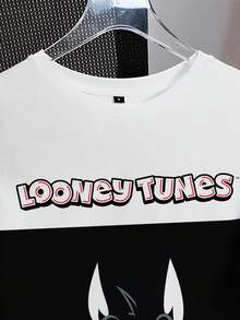 LOONEY TUNES X SHEIN Áo thun tay ngắn họa tiết hoạt hình Colorblock thường ngày dành cho nữ, mùa hè - trắng - Xem 4