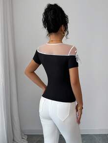 Elenzga Áo thun ngắn tay thời trang nữ đính hạt hoa 3D, phối ren và lưới. - màu đen - Xem 2
