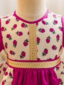 SHEIN Baby Girl Floral Print Ribbon Trim Round Neck Short Sleeve Dress - Hot Pink - View 3