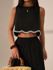 SHEIN PETITE Bộ đồ nữ thời trang nghỉ dưỡng thường ngày phối màu tương phản gồm áo hai dây và quần dài, màu đen, thích hợp cho mọi mùa, áo không tay và quần dài, trang phục mùa thu, trang phục công sở thường ngày, quần ống rộng, áo ren viền sóng mùa hè. - màu đen - Xem 4