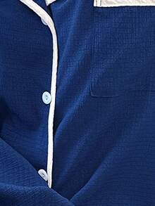 Dream Adore Women's Contrast Trim Lapel Loose Long Sleeve Pajama Set - Blue - View 7