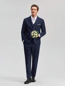 Officeau New Style Men's High-Quality Business Suit Groom's Wedding Dress Male Solid Color Double-Breasted Tuxedo Fashion Gold Buckle Blazers European Size 2XL 3XL Spring To Summer - Navy Blue - View 11