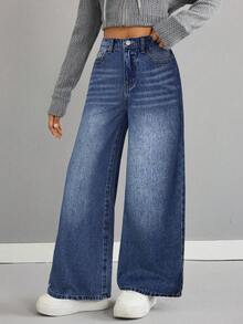 SHEIN 少女基础款浅色水洗牛仔保暖内衬宽松长裤，秋冬保暖休闲高腰阔腿牛仔裤，百搭Y2K风格，适合教师、返校、教堂等场合，商务休闲女孩，工装牛仔裤连衣裙，秋冬宽松裤，高腰长款阔腿牛仔裤，街头风，冬季牛仔裤 - 深色水洗藍 - 查看 6