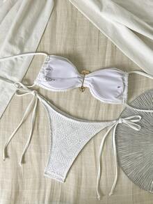 Swim Vcay 春夏针织提花无钢圈吊带背心和侧系带泳裤两件套女式泳衣，适合海滩度假 - 白色 - 查看 2