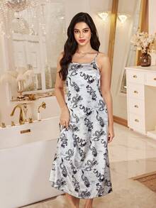 LuxeNights Chinese Style Floral Print With Flying Dragons And Gray Trim, Satin Pajama Slip Dress - Black - View 4