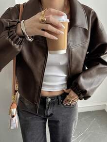 DAZY 女士休闲PU皮领长袖常规夹克 Y2k - 咖啡棕 - 查看 5