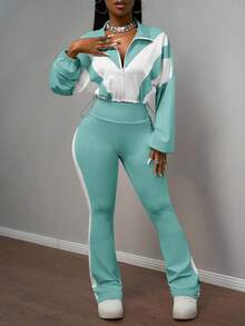 Slaydiva New Early Autumn Casual Simple Daily Dating Sports Style Yoga Suit Small Stand-Up Collar Front Middle Zipper Drop Shoulder White Splicing Light Purple Hem Drawstring Long-Sleeved Top + Purple Flared Trousers Side White Splicing Yoga Pants Knit Suit Women's Two Pieces Suit-B Women 2 Piece Sets Long Sleeve Two Piece Set 2 Piece Pants Set - Teal Blue - View 4