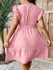 Breezaya Đầm ren xếp tầng, gấu đầm xếp ly, thắt eo, màu đỏ tía dành cho nữ. - Bụi hồng - Xem 2