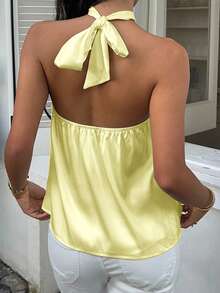 MainGRL Solid Color Casual Versatile Backless Satin Halter Neck Blouse For Women - Pale Yellow - View 2
