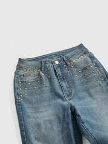 ROMWE Grunge Punk Pantalones acampanados de cintura ultra baja con efecto desgastado estilo retro Y2K para mujer - Azul - Ver 3