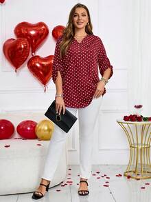 EMERY ROSE 大码女式休闲波尔卡圆点印花缺口领卷袖秋季衬衫 - 酒紅色 - 查看 6