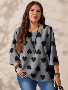 EMERY ROSE 大码女式休闲浪漫全心印花圆领宽松七分袖衬衫，黑色上衣，情人节，情人节礼物，灰色上衣 - 彩色 - 查看 6