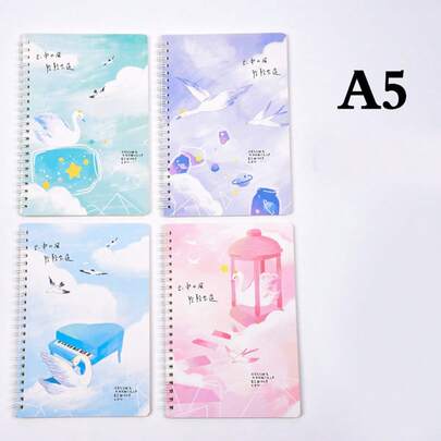 4pcs A5 Coil Notebook, Cartoon Stickered Lined Exercise Book For Students, Award Notebook